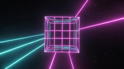 A glowing neon wireframe cube is illuminated by vibrant cyan and magenta light beams emanating from a dark, star-filled void. - Powered by Adobe