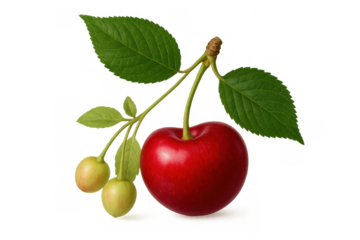 Red and unripe cherries on a branch with green leaves, fresh summer fruit concept, transparent background