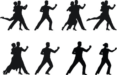 Obraz premium Tango dancer silhouette vector set, elegant dance poses, black couple and solo icons, passionate movement, Latin dance illustration for graphic design