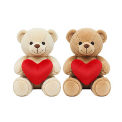 Obraz premium Two adorable teddy bears holding red hearts symbolizing love and companionship isolated on transparent background