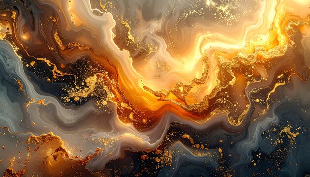 Swirling abstract artwork with colors of gold, amber, and grey - Powered by Adobe