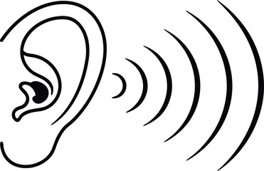 Black and white ear sound waves vector illustration showing hearing concept, auditory design element representing communication, listening, vibration, and frequency awareness in simple line art. 