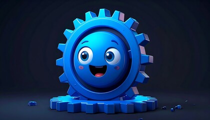 A vibrant, cartoonish illustration features a smiling blue character integrated within a cogwheel. The scene is set against a dark background, suggesting a mechanical concept