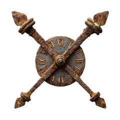 Antique Clock Symbol: A weathered, metallic clock face adorned with Roman numerals is intersected by rusty, cross-shaped embellishments, creating a vintage charm.