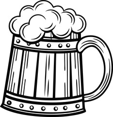 Foamy beer mug illustration shows a rustic wooden stein in bold black line art. This vintage drink container highlights craft style. 
