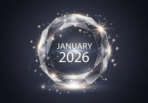 January 2026 text inside a glowing crystal sphere with sparkling particles