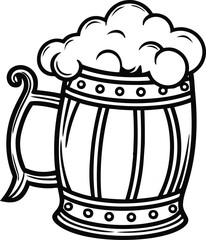 Foamy beer mug vector illustration with wooden barrel style design, frothy drink line art drawing, classic , breweries, menus, and vintage themed projects. 