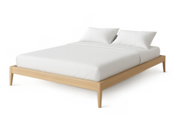 Minimalist wooden bed frame with white sheets and pillows depicting comfort, sleep, and modern bedroom furniture, transparent background