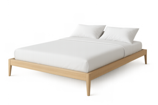 Minimalist wooden bed frame with white sheets and pillows depicting comfort, sleep, and modern bedroom furniture, transparent background