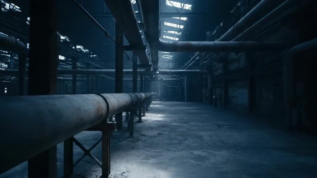 Industrial warehouse interior with pipes and architectural structures