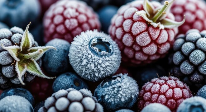 Captivating macro view of frosty blueberries and raspberries, glistening with ice crystals, showcasing nature's vibrant winter bounty and refreshing coolness for healthy eating concepts. - Powered by Adobe