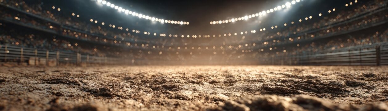 Illuminated rodeo arena with silent bleachers concept. An empty stadium with dirt floor, ready for an upcoming event.