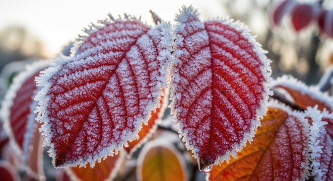 Stunning close-up of vibrant red autumn leaves delicately kissed by sparkling frost, capturing the crisp beauty of a cold winter morning.
