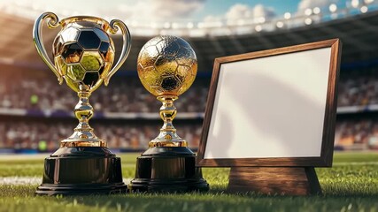 Golden soccer trophies gleam on the field, framed by a stadium backdrop.