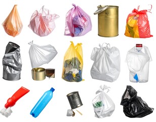 A collection of various waste containers and bags, each full of garbage, arranged on a white backdrop