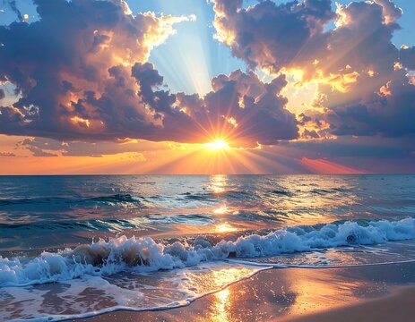 Stunning sunset scene over ocean waves, sunburst through clouds