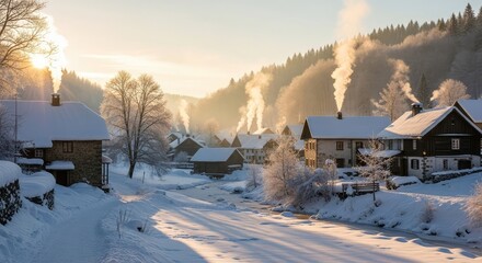 Cozy winter village scene with smoke rising from chimneys under warm golden sunrise light, creating a serene and inviting atmosphere for holiday or travel promotions.