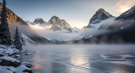 Stunning winter sunrise illuminates majestic snow-capped mountains and a frozen, mist-covered lake creating a serene and breathtaking natural landscape