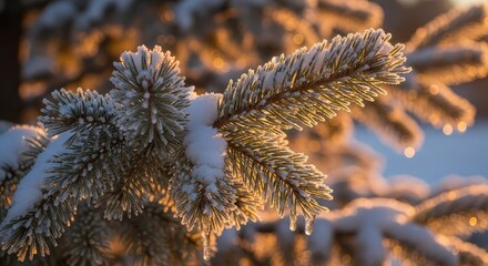 Glistening frost adorns pine branches kissed by warm golden hour sunlight, creating a serene winter wonderland with delicate ice crystals and soft bokeh.