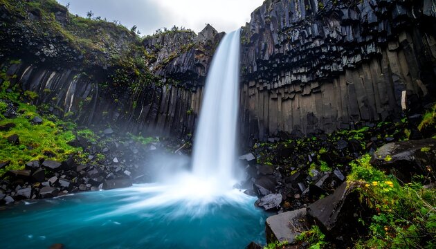 Tall waterfall cascading down columnar basalt rocks