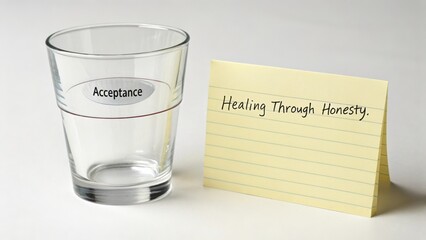 Transparent Glass Cup with Label Acceptance Next to Notepad with Healing Through Honesty Quote on Light Background