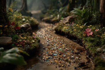 Fototapeta premium Miniature polluted river environment showing trash and plastic debris