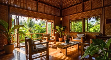 Obraz premium Interior of bamboo eco house with woven walls, open windows, and sunlight filtering through, decorated with tropical plants and wooden furniture, no people