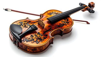 A beautifully decorated violin with a bow laid across it