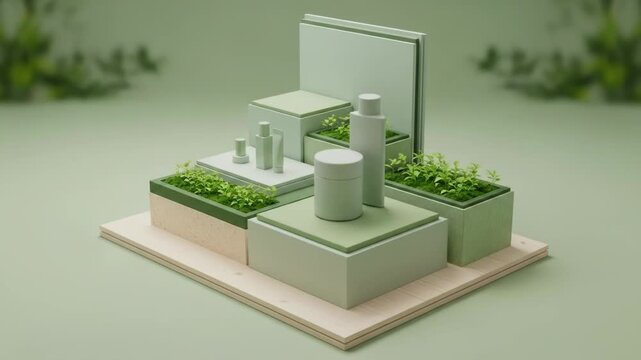 Eco-friendly product display with greenery on tiered blocks, muted green
