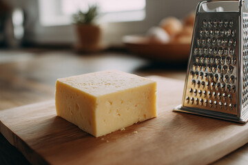 A Block of Cheese Beside a Cheese Grater