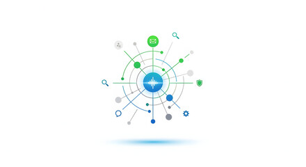 Futuristic technology illustration of a central hub showing data flow, security analysis, and network connectivity icons on a white background