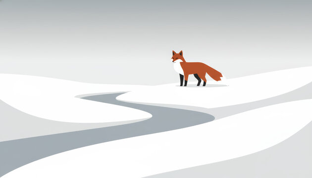 A simple, graphic illustration featuring a stylized red fox standing on a snowy hilltop overlooking a flat, gray, winding path or river that runs through the white, minimalist winter landscape. 