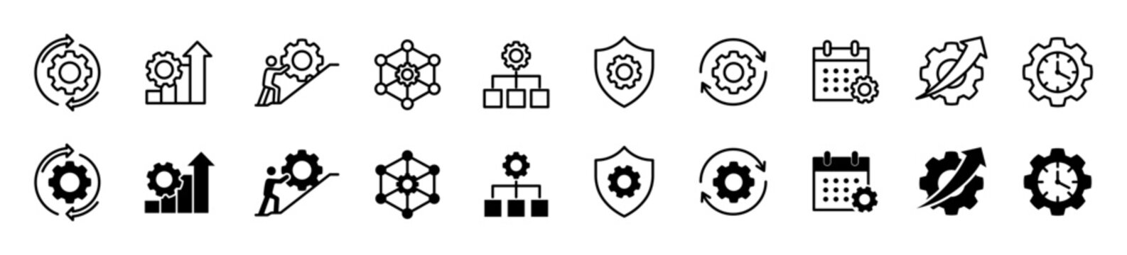 Cogwheel icon set. Gear wheel and manufacturing symbol. Setting, progress and repair logotypes. Vector illustration.