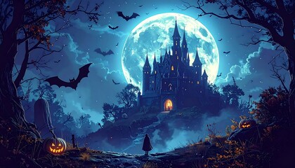 Spooky castle on a hill under a large full moon, with bats