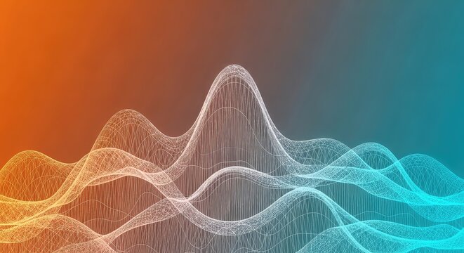 Dynamic 3D wireframe data visualization with flowing waves and gradient background, representing abstract technology and modern science concepts.