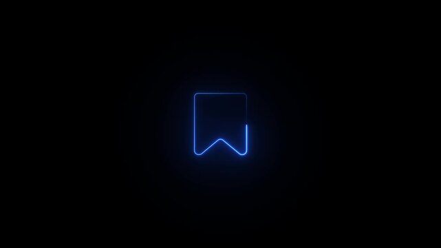 Blue neon bookmark icon glowing on a black background save