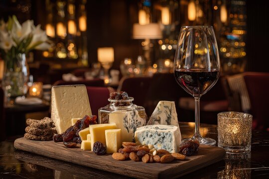 Assorted Cheese Board With Wine Glass And Candle in Restaurant Interior