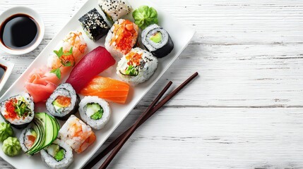 Assorted Sushi Platter on White Rectangular Plate with Chopsticks and Soy Sauce Bowl over Distressed White Wooden Surface