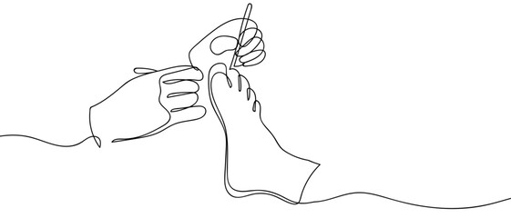 The doctor is treating one injured foot in a row. one line illustration. Vector linear illustration. Editable stroke.