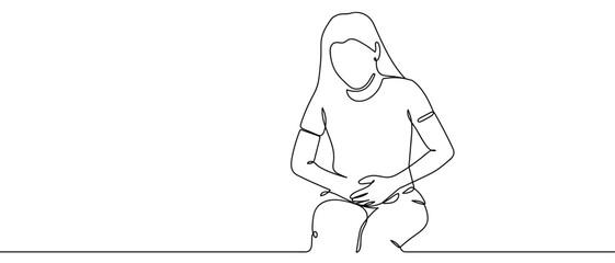 A woman has continuous menstrual cramps. one line illustration. Vector linear illustration. Editable stroke.