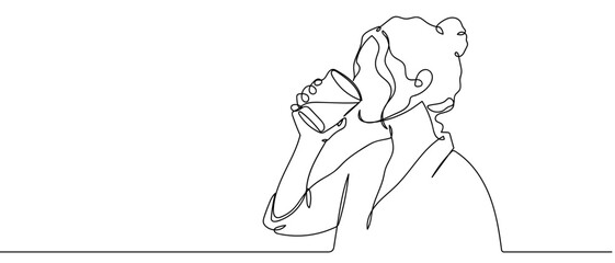 A woman is drinking water from a glass, one line continuously. one line illustration. Vector linear illustration. Editable stroke.