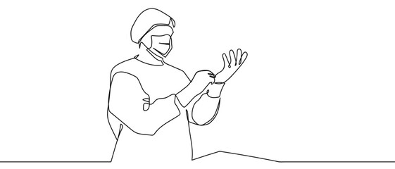 The doctor is wearing gloves and preparing to perform a clear, continuous incision. one line illustration. Vector linear illustration. Editable stroke.