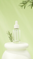 Soft daylight skincare mockup scene featuring clean cosmetic packaging, including serum bottle on a white podium. Ideal for branding presentations, social media design, spa, and beauty product 