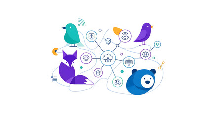 Conceptual illustration of a cloud computing network with modern flat design animals symbolizing a connected digital ecosystem and data sharing