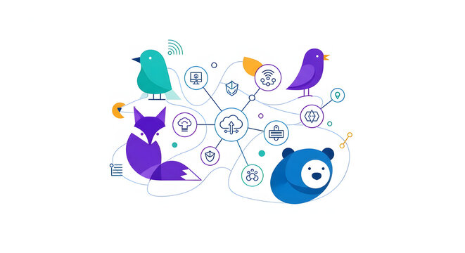 Conceptual illustration of a cloud computing network with modern flat design animals symbolizing a connected digital ecosystem and data sharing