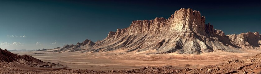 Fototapeta premium Mars landscape showing rock desert and sky concept. Stunning arid landscape featuring majestic mountains and vast terrain.