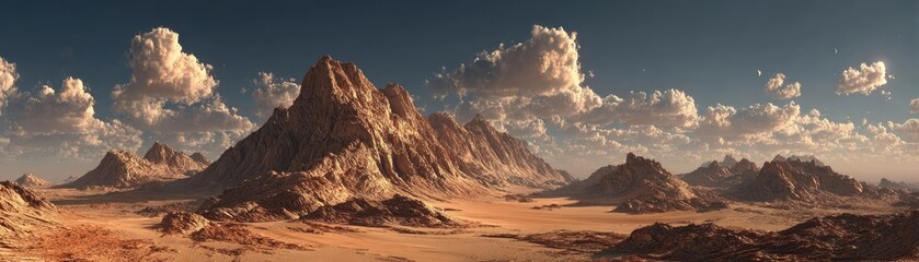 Naklejka premium Mars landscape showing rock desert and sky concept. Stunning desert landscape with mountains and dramatic clouds.