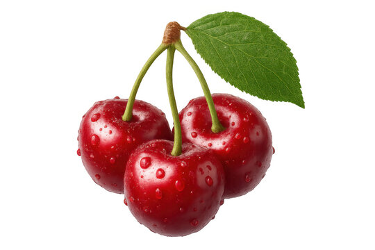 Cherries highlighting freshness and nutrition, showing vibrant red fruit with stem, leaf, and shiny water droplets
