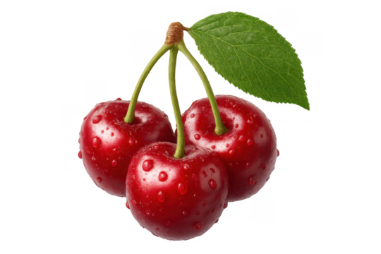 Cherries highlighting freshness and nutrition, showing vibrant red fruit with stem, leaf, and shiny water droplets - Powered by Adobe