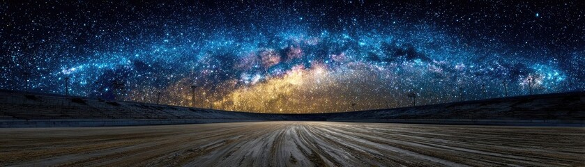 Naklejka premium Illuminated rodeo arena with silent bleachers concept. Stunning panoramic view of a starry night sky over a desert.